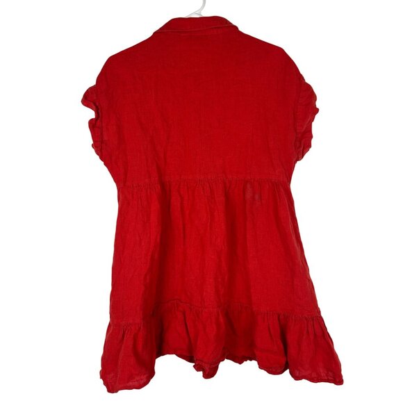 Zara Womens Small Red Tiered Button-Down Dress With Ruffle Sleeves 100% Linen - Picture 2 of 9